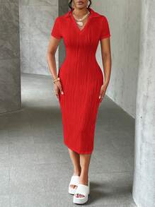 Slaydiva Summer Casual Elegant Simple Basic Model New Lapel V-Neck Short-Sleeved Slim Long Skirt White Wavy Knitted Fabric Women's Dress - Red - View 5