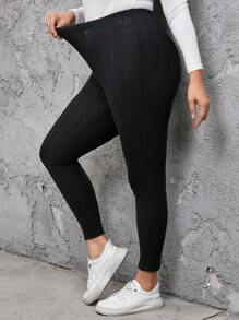 SHEIN LUNE Casual Plus Size Black Ribbed Leggings, Suitable For Autumn/Winter High Waist Leggings Plus Size Leggings Black Leggings Tights Plus Size Yoga Pants Plus Size Ribbed Leggings Plus Size - Black - View 7