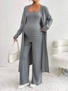 SHEIN 3pcs Maternity Casual Elegant Set: Camisole, Long Pants, Long Open Cardigan