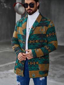 Manfinity Homme 男士几何图案长袖立领夹克外套秋冬季外出轻便彩色图案休闲夹克送给朋友、丈夫、男朋友的礼物 - 彩色 - 查看 3