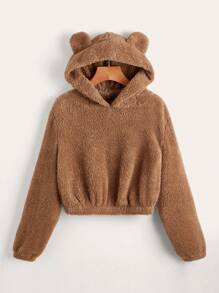 SHEIN Young Girl Cute 3D Bear Ear Design Teddy Drop Shoulder Hooded Sweatshirt,Thermal Teddy ,Great For Casual & Daily Wear & Home Wear In Autumn & Winter,For Christmas,Cute & Casual & Vintage, Preppy, Warm & Comfortable & Fashionable,Mom And Daughter Matching,Sister And Me Matching.Sweet Cool Girl.