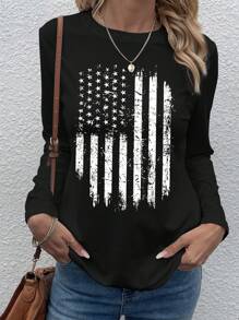 SHEIN LUNE 女式美国国旗印花圆领长袖休闲T恤，秋季图案T恤女式春季上衣 - 黑色 - 查看 1