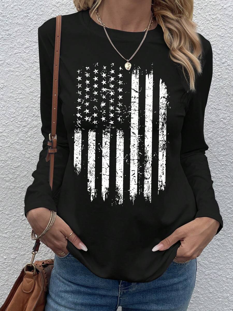 SHEIN LUNE 女式美国国旗印花圆领长袖休闲T恤，秋季图案T恤女式春季上衣 - 黑色 - 查看 1