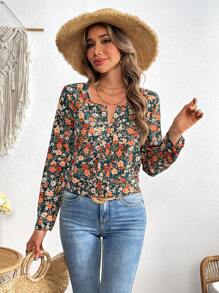 SHEIN VCAY Blusa de manga larga, suelta y de gasa con estampado floral para vacaciones para mujeres