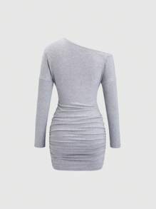 SHEIN Unity 女士露肩长袖性感简约街头风紧身褶饰中长连衣裙 - 灰色 - 查看 7