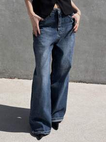 DAZY 女士休闲宽腿宽松口袋牛仔裤 - 深色水洗藍 - 查看 5