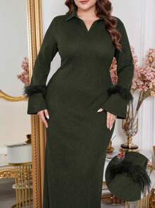 Modelyn 大码优雅毛绒拼接长裙秋冬款，优雅 A 字裙，适合晚会/婚礼嘉宾/周年纪念日，女士服装