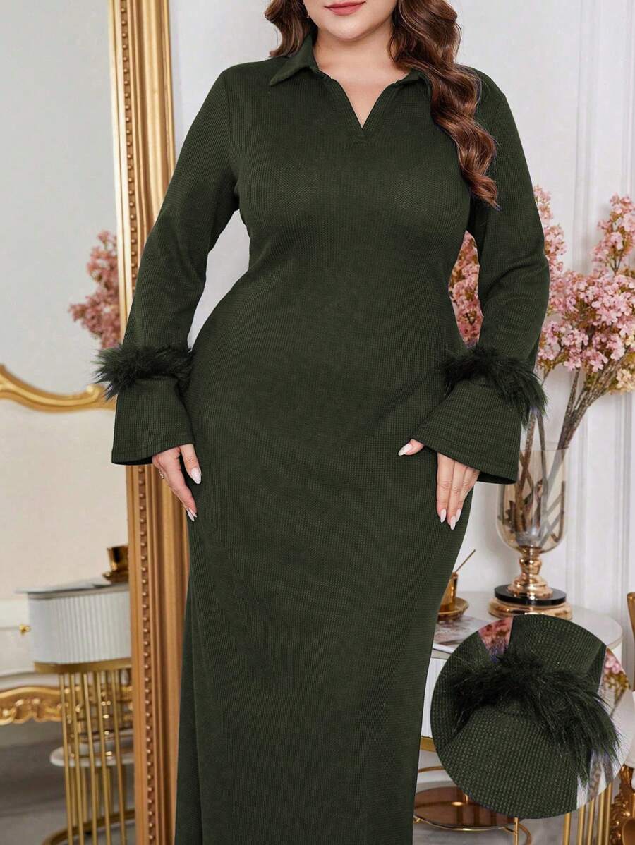 Modelyn 大码优雅毛绒拼接长裙秋冬款，优雅 A 字裙，适合晚会/婚礼嘉宾/周年纪念日，女士服装