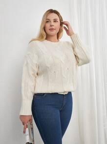 SHEIN Cottnline Áo len dệt kim sợi cáp siêu mềm chất lượng cao cỡ lớn, dành cho mùa đông - Màu be - Xem 7