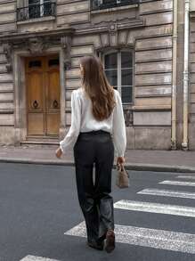 Pariaura Damen einfarbiges minimalistisches V-Ausschnitt Langarm leichtes Hemd, Lässig für Frühling, Herbst und alle Jahreszeiten