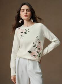 Anewsta Women Elegant Flower Embroidered Raglan Sleeve Casual Sweater Knit Pullover Fall Winter - White - View 7