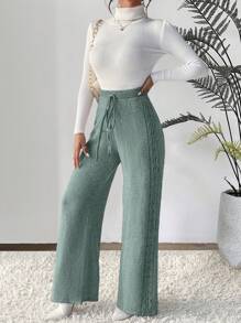 Chiquease Women's Solid Color Tie Waist Loose Wide Leg Knitted Pants
