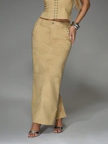 MISSGUIDED Studded Maxi Skirt Western Style High Waisted Long Skirt With Side Pockets Double Row Rivet Detail Floor Length Fall Winter Party Wear - Khaki - View 1