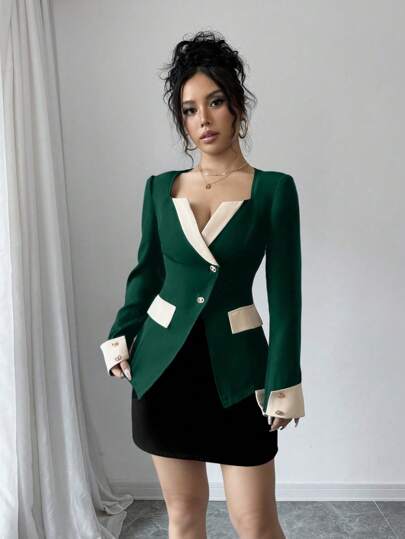 Elenzga 1 pieza Blazer elegante de manga larga y abotonadura sencilla en contraste de colores para uso en el trabajo y para ir y venir, para otoño