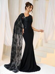 SHEIN Belle Vestido formal de fiesta elegante para mujer, de punto negro con contraste de encaje en la cintura, vestido de noche, vestido de graduación, para invitados de boda, cena