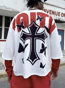 Men's Round Neck Patchwork 2 In 1 Cross & Text Print Hooded Sweatshirt, Street Fashion - Multicolor - View 3