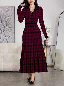 Modelyn Women's Elegant Oversized Pattern V-Collar Flared Maxi Sweater Dress - Burgundy - View 3