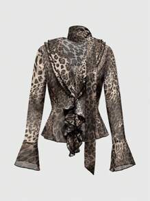 ROMWE Grunge Punk Y2k Sexy Modern Leopard Print Ruffled Collar V-Neck Waist Fit Blouse For Women - Multicolor - View 1