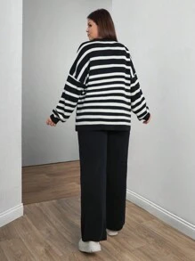 RueChic Women Irregular Stripe Pattern Round Neck Drop Shoulder Pullover & Sweater Pants Set