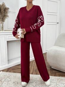 EURMUSE Women Pink Embroidery Detailed Sweater Set - Burgundy - View 3