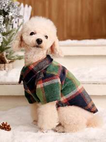 PETSIN 1pc Green Plaid Flannel Thick Shacket, Autumn/Winter - Multicolor - View 2