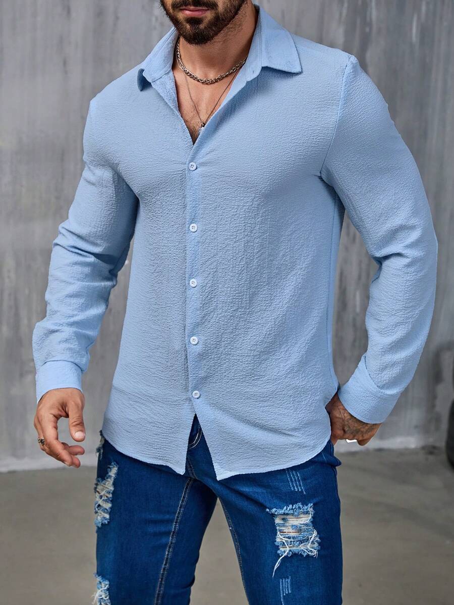 Manfinity Homme 男士纯色长袖纯色衬衫 - 藍色 - 查看 1