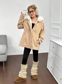 Tween 女童休闲灯芯绒蓬松拼布连帽口袋长袖夹克 秋冬季 - 棕色 - 查看 5