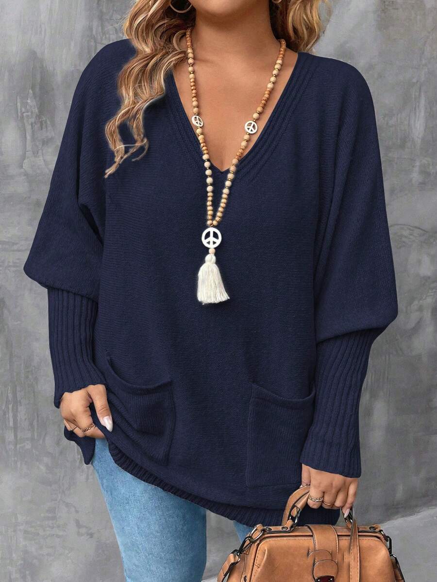 大码休闲纯色蝙蝠袖双口袋毛衣，秋冬针织套头衫