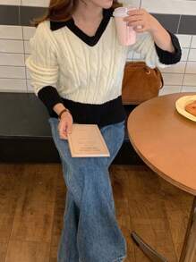 DAZY 女士 V 领撞色休闲长袖毛衣，秋冬，秋季女装 - 杏色 - 查看 4