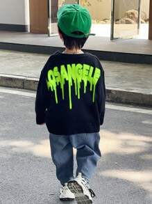 Kids/Young Boys Fluorescent Letter Print Round Neck Pullover Solid Color Warm Knitted Sweater - Black - View 2