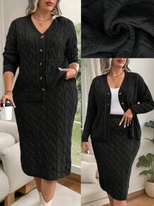 Plus Size Women Knitted Thick Two-Piece Set, Casual Strappy V-Neck Long Sleeve Cardigan And Plain Knit Long Skirt, Autumn/Winter Fall Cloth For Women - Black - View 1