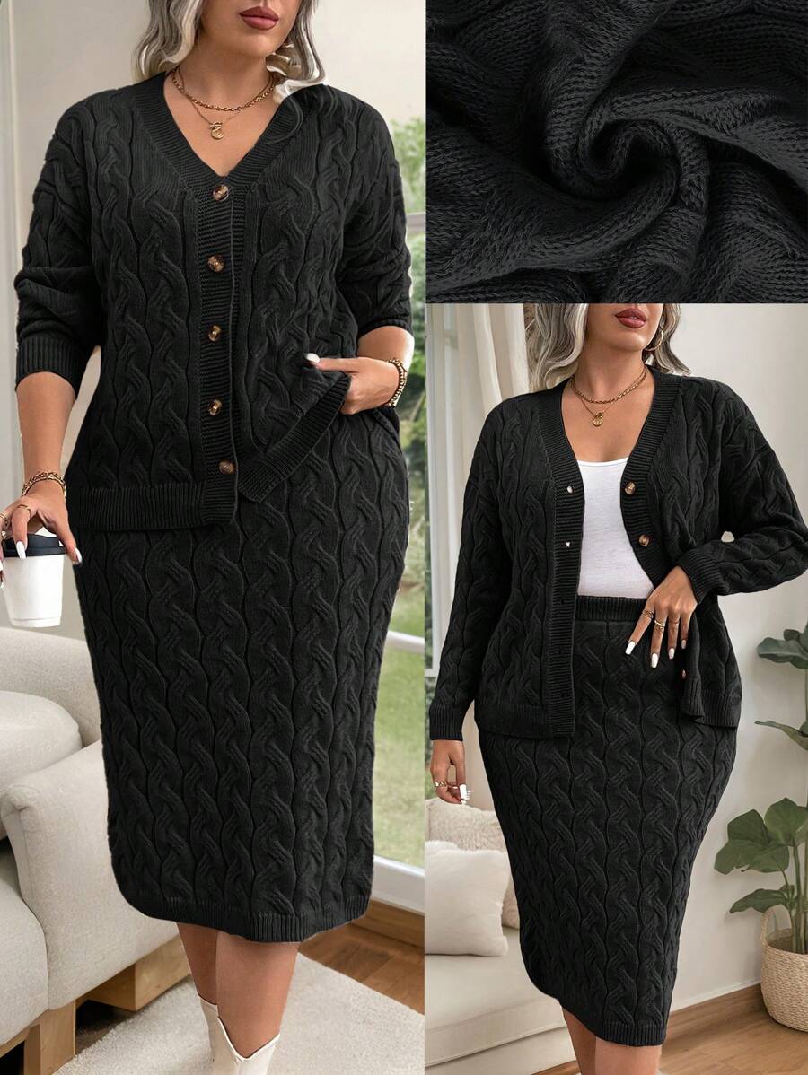 Plus Size Women Knitted Thick Two-Piece Set, Casual Strappy V-Neck Long Sleeve Cardigan And Plain Knit Long Skirt, Autumn/Winter Fall Cloth For Women - Black - View 1