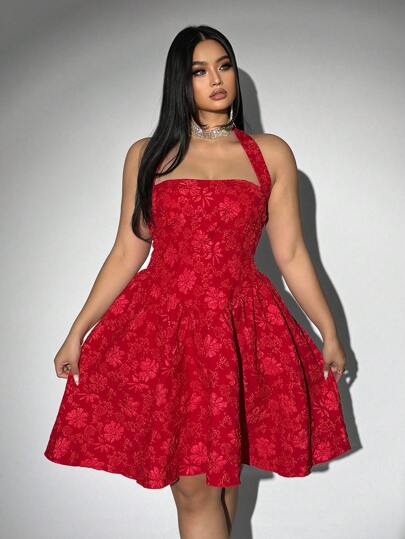 Viva Relle Vestido midi con cuello halter y jacquard rojo talla grande, adecuado para el Día de San Valentín y la ropa de Año Nuevo