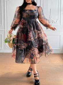 Flirla 加大码优雅油画花卉印花收腰欧根纱连衣裙，秋季长款女装 - 彩色 - 查看 6