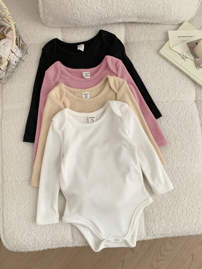 SHEIN LMoss Kids 4件套LMoss新生女婴针织弹力纯色开裆连体衣套装，秋冬季，基础款