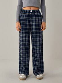 Forever 21 女士格纹直筒宽松休闲裤，带蝴蝶结装饰腰部口袋 - 彩色 - 查看 6