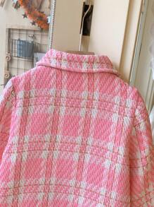 Blossori Young Girls French Elegant Pink Plaid Woven Loose Front Button Down Collar Coat, Autumn/Winter - Pink - View 5