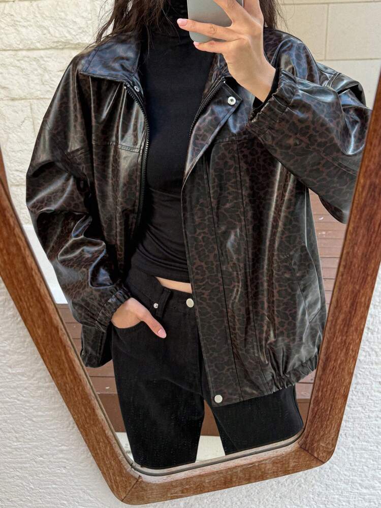 Women's Autumn/Winter Loose Fit Drop-Shoulder Long Sleeve Casual Fashionable PU Leopard Print Jacket