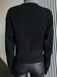 DAZY Design Sense Asymmetric Button V-Neck Knitted Pullover Sweater For Women