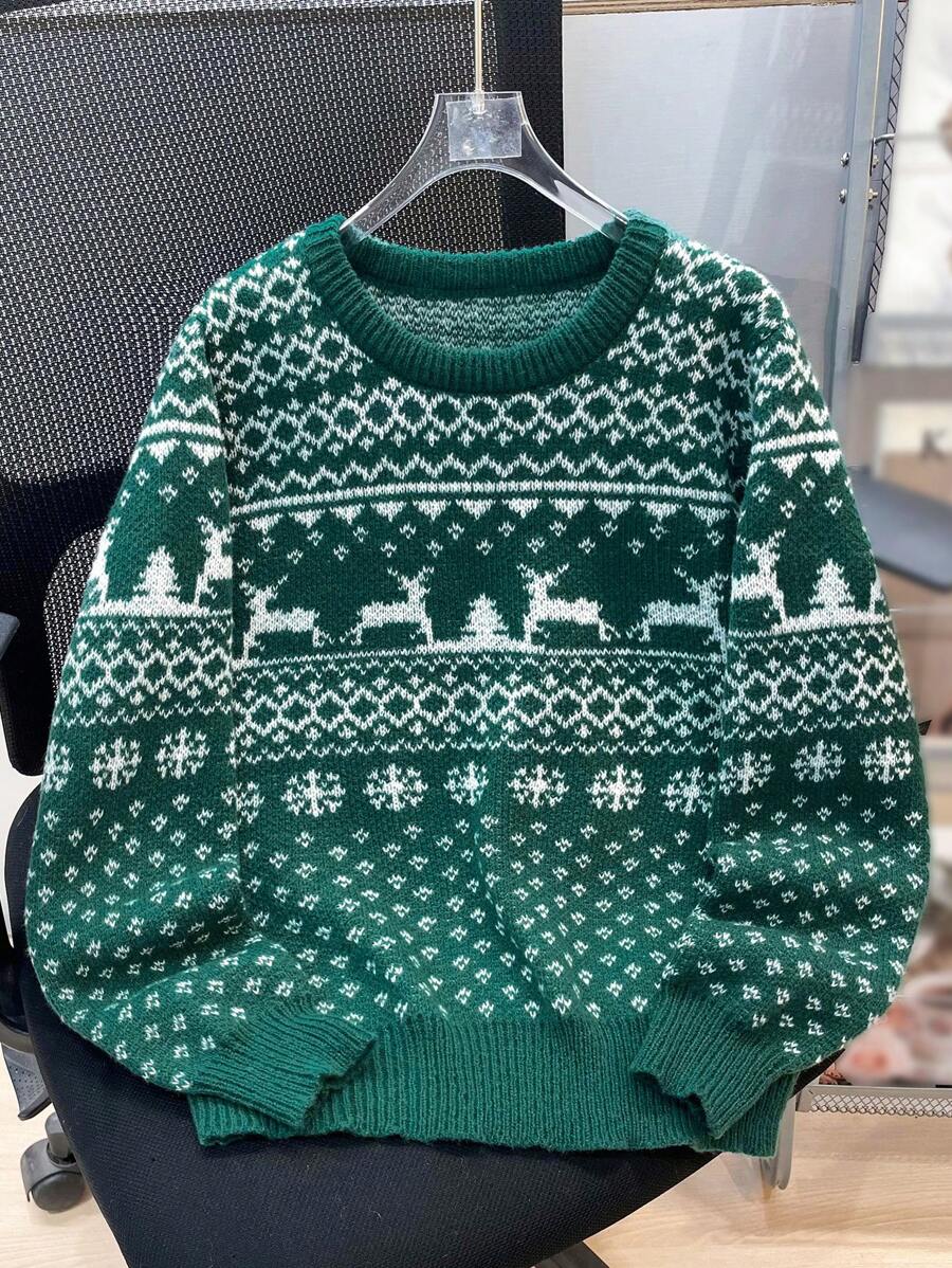 Tween Boys' Christmas Jacquard Knit Sweater, Christmas Kids Clothes, Christmas Kids Dress, Christmas Sweater, Christmas Kids Boys, Christmas Outfit, Christmas Gifts,In Fall/Winter - Dark Green - View 1