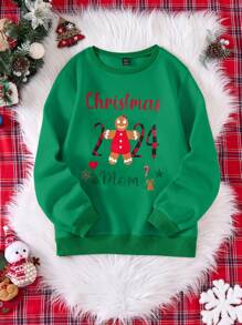 Family Matching Christmas Sweatshirts, Women's Round Neck, Festive Graphic Prints Sweatshirts, With Christmas Mom, Heart, Christmas Tree, Snowflake, Candy Cane, Star, Bell Print, Thermal Lined, Casual, Warm Pullover Fall - Green - View 2