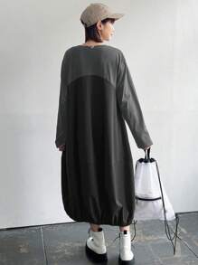 FRIFUL 女士撞色拼布荷叶边下摆长袖连衣裙