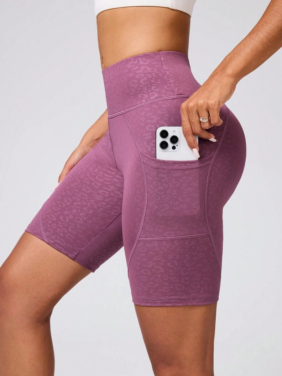 Easithlete 女士豹纹口袋拼布日常运动短裤