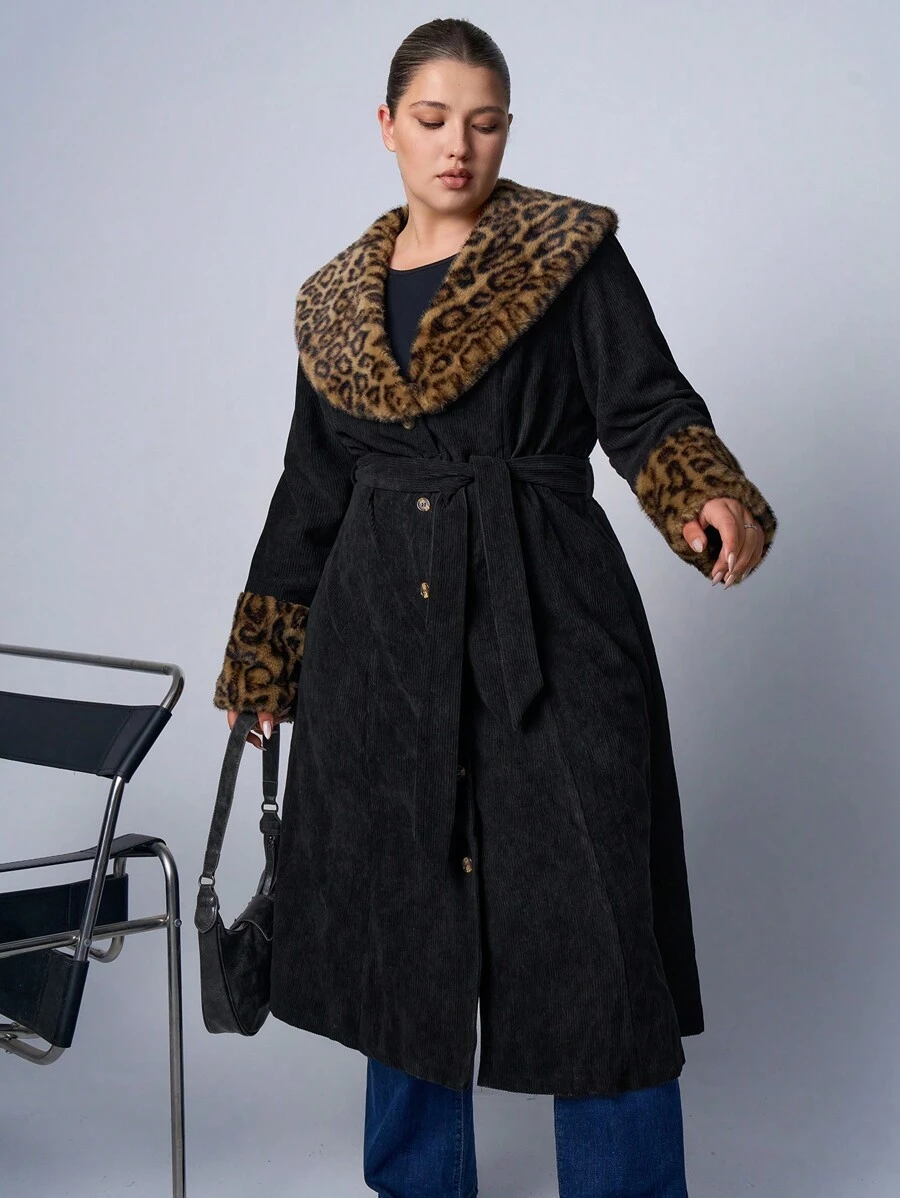 SHEIN EZwear 大码蓬松领棕色外套,秋冬 - 黑色 - 查看 1