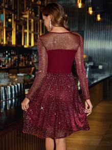 SHEIN Clasi Vestido de malla transparente de longitud hasta la rodilla, de manga larga con brillo en color burdeos, adecuado para fiestas, reuniones y uso diario. Ropa para Navidad, atuendo para Acción de Gracias, vestido de Navidad, vestido de Nochevieja para mujer - Burdeos - Ver 2