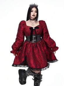 Flirla Vestido de jacquard con escote cuadrado, volantes, parches, cintura ceñida, manga larga, corte evasé y bajo asimétrico para mujer tallas grandes de estilo punk gótico, lindo y genial para ropa de Año Nuevo para mujeres góticas