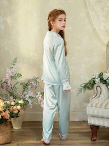 Bộ 2 món/bộ cho bé gái tuổi teen thanh lịch vải họa tiết hoa áo tay raglan và quần dài, đồ mặc ở nhà - Màu xanh Bạc hà - Xem 2