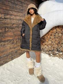SHEIN EZwear معطف قصير متوسط السمك مزود بياقة من فرو اصطناعي أسود، تصميم جديد للشتاء - الأسود - مشاهدة 6
