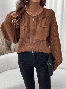 SHEIN LUNE Plus Size Lantern Sleeve Round Neck Single Pocket Pullover Sweater