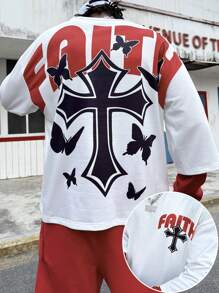 Men's Round Neck Patchwork 2 In 1 Cross & Text Print Hooded Sweatshirt, Street Fashion - Multicolor - View 1